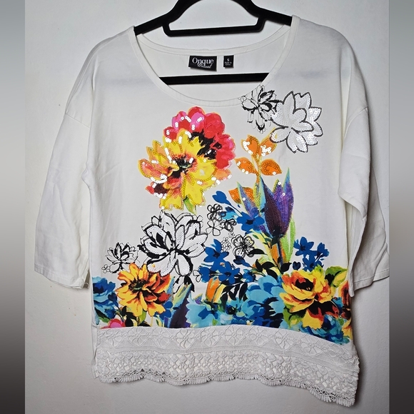 Onque Womens Casual Floral Tunic with Sequin & Crochet Accents Size Small - Picture 4 of 14